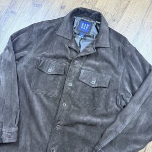 Gap Leather Suede Shirt Jacket Shacket Mens M Dark Brown Button Vintage Y2K